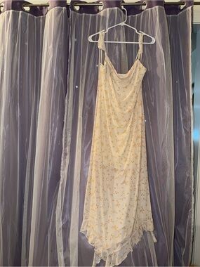 Draped High-Low Slip Dress in Cream with Yellow Floral Print